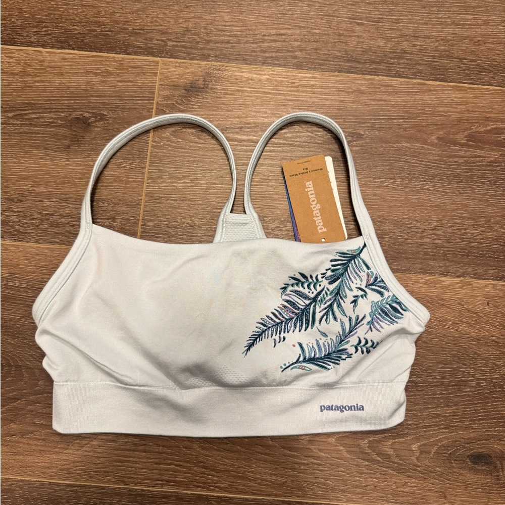 Patagonia Women's White Sports Bra with Blue Leaf Pattern